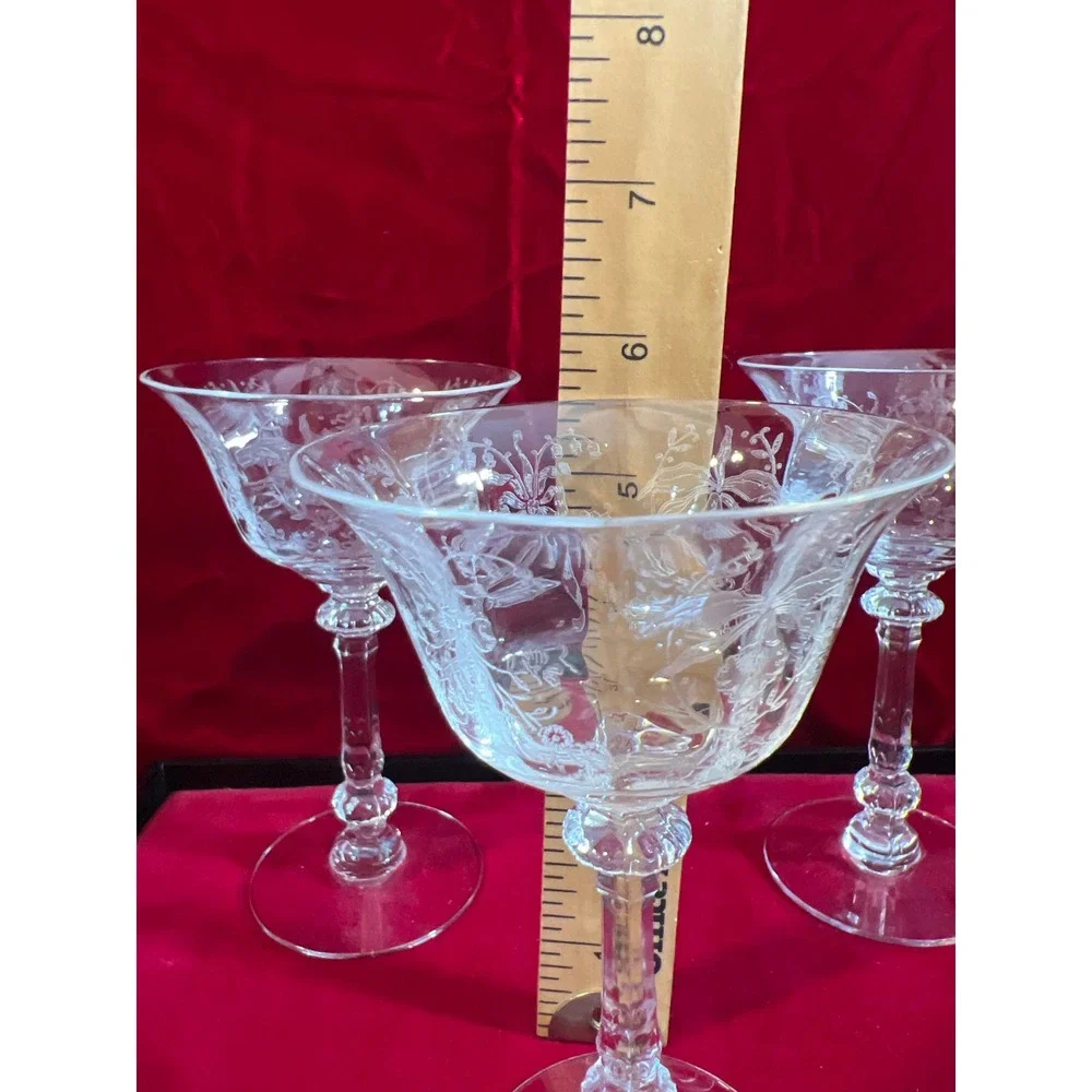 Vintage Fostoria Orchid Etched Crystal‎ Champagne Coupe Glasses Set of 3 5.5